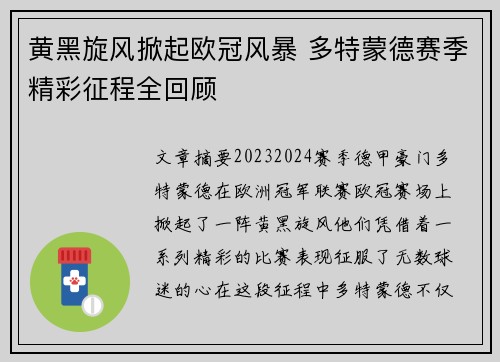 黄黑旋风掀起欧冠风暴 多特蒙德赛季精彩征程全回顾