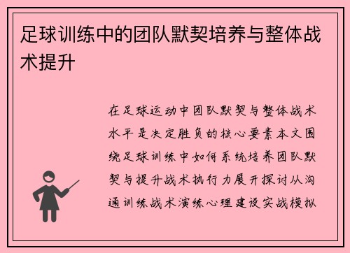 足球训练中的团队默契培养与整体战术提升