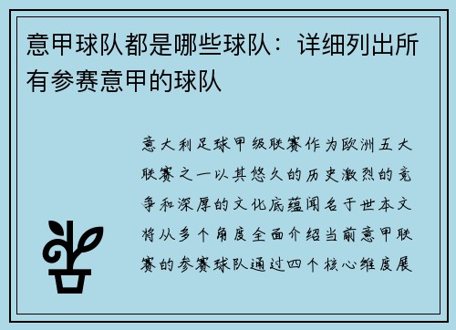 意甲球队都是哪些球队：详细列出所有参赛意甲的球队